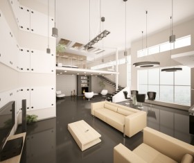 Modern loft with a kitchen and living room Stock Photo 21