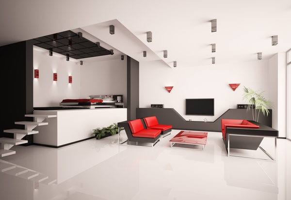 Modern loft with a kitchen and living room Stock Photo 22
