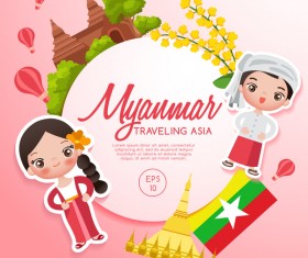 Myanmar travel cartoon template vector