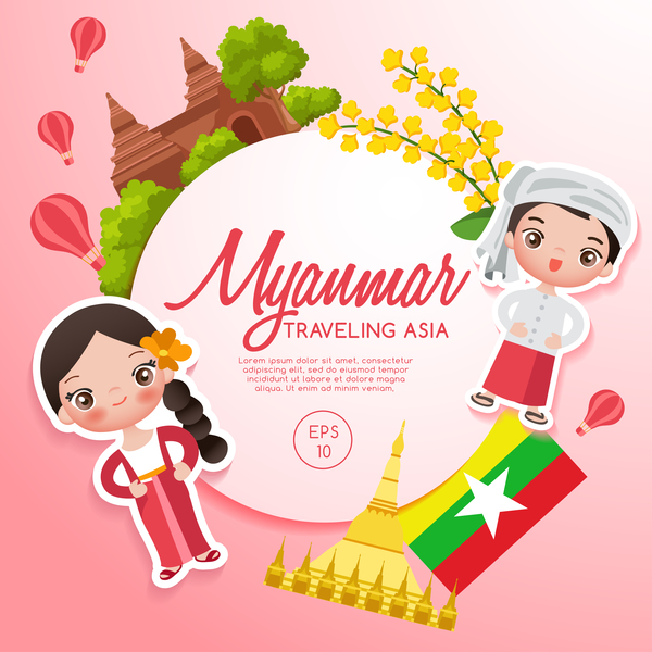 Myanmar travel cartoon template vector