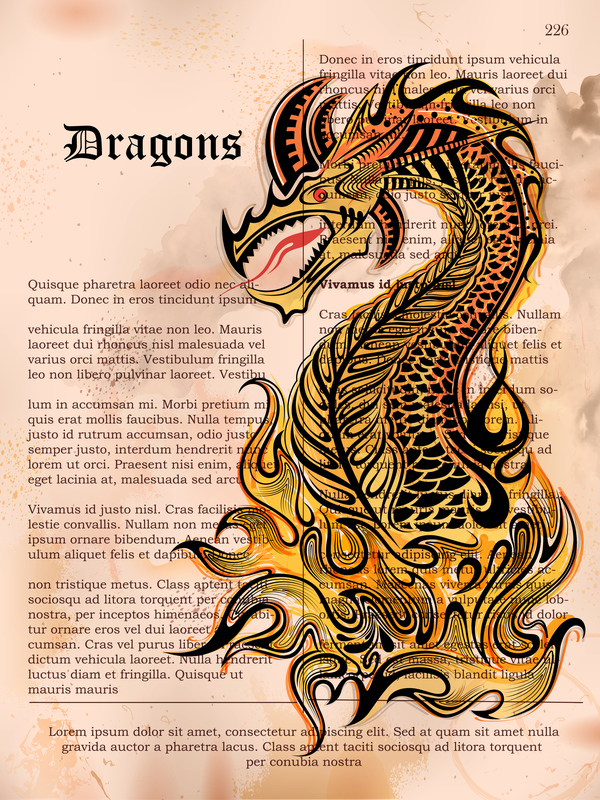 Old paper background with dragon ancient vector 01