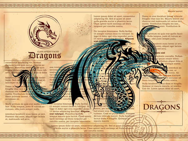 Old paper background with dragon ancient vector 06