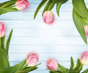 Pink tulips frame with wood background vector