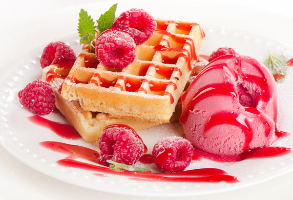 Raspberry waffles with ice cream Stock Photo