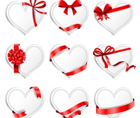 Red ribbon with heart cards vector set 01