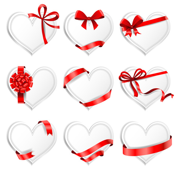 Red ribbon with heart cards vector set 01