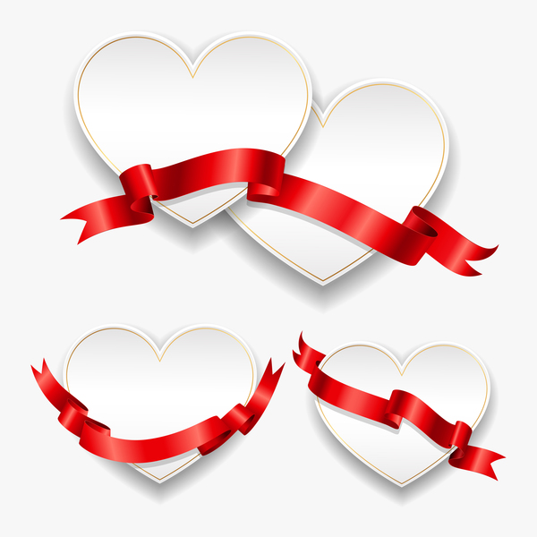 Red ribbon with heart cards vector set 02