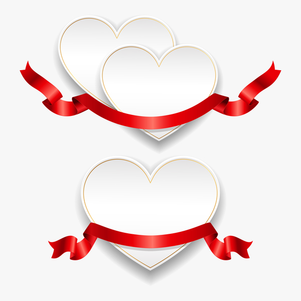 Red ribbon with heart cards vector set 05