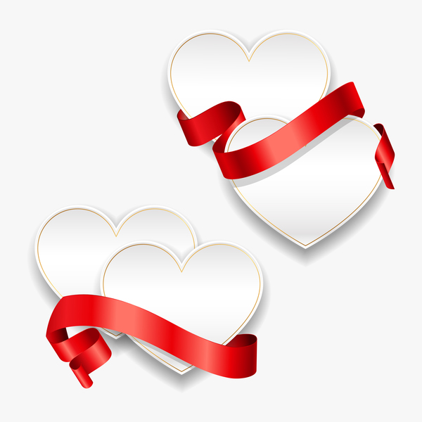 Red ribbon with heart cards vector set 08