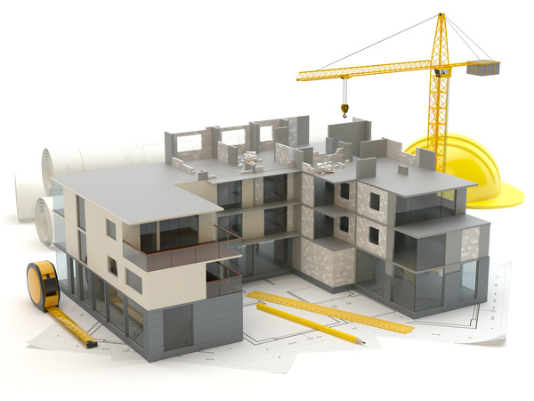 Residential Design Models and Cranes Stock Photo