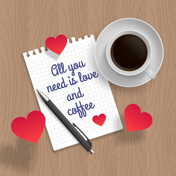 Romantic message with coffee and red heart vector 01