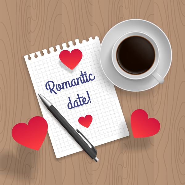 Romantic message with coffee and red heart vector 03