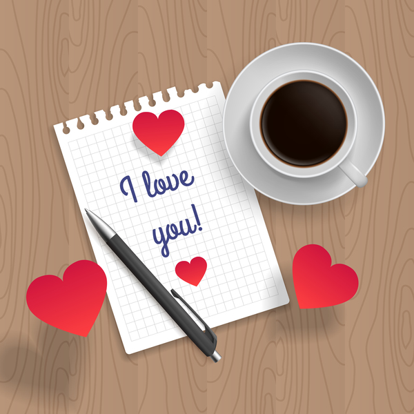 Romantic message with coffee and red heart vector 04
