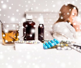 Sick woman with desktop medicine Stock Photo 05