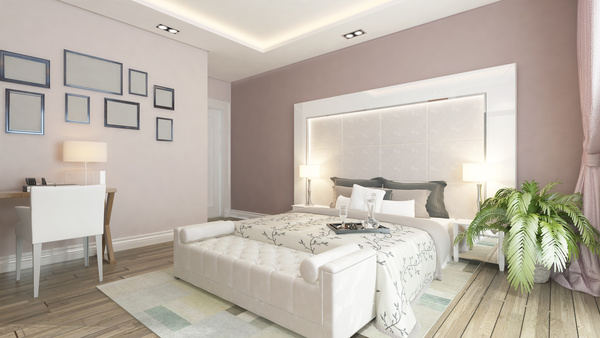 Simple and bright bedroom with bed Stock Photo 03