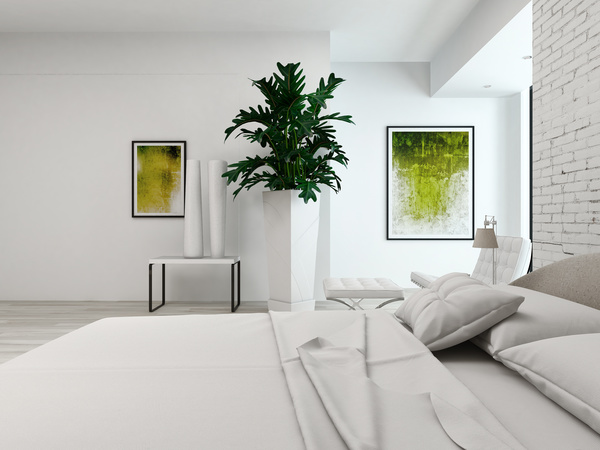 Simple and bright bedroom with bed Stock Photo 05