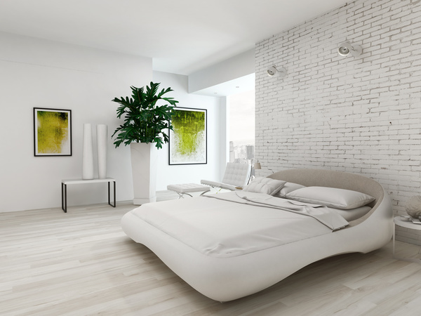 Simple and bright bedroom with bed Stock Photo 07