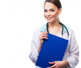 Smiling female doctor holding a medical record card Stock Photo