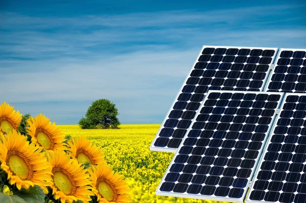 Solar panels and farmland Stock Photo