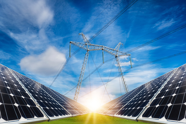 Solar panels and power grids Stock Photo