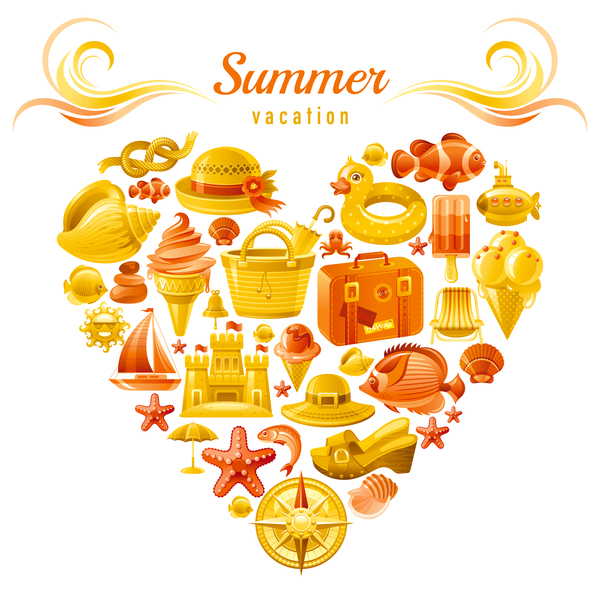 Summer travel elements with heart vectors 10