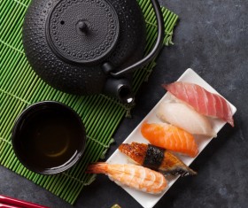 Tea and seafood sushi Stock Photo
