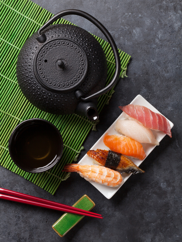 Tea and seafood sushi Stock Photo