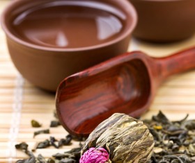 Tea cups and tea utensils Stock Photo