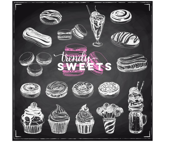 Trendy sweet food with blackboard vector