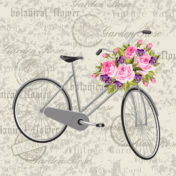 Vintage background with bicycle and flower vector 01