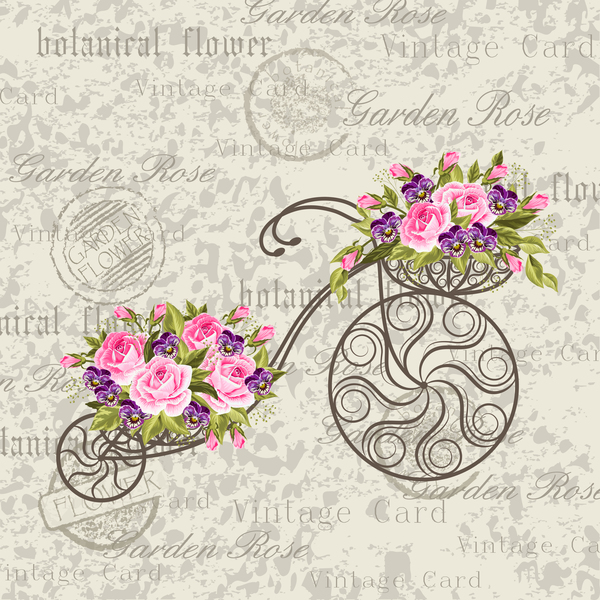 Vintage background with bicycle and flower vector 02