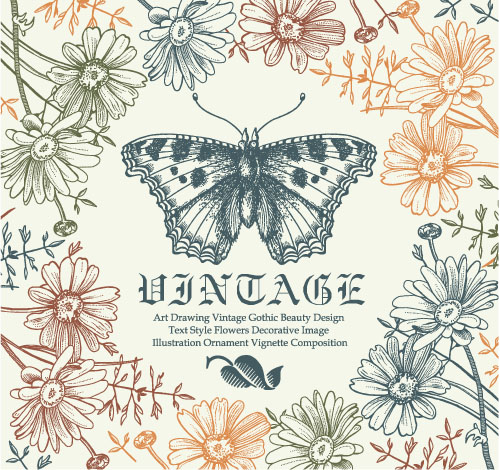 Vintage frame with butterfly greeting card vector 05