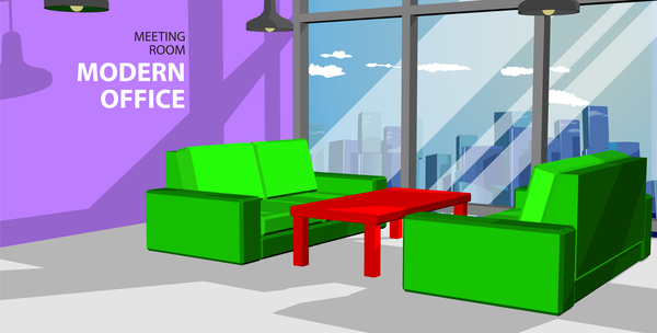 Violet wall in the office and small red table vector