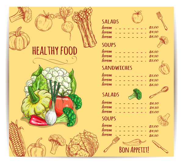 Yellow restaurant menu with vegetables vector