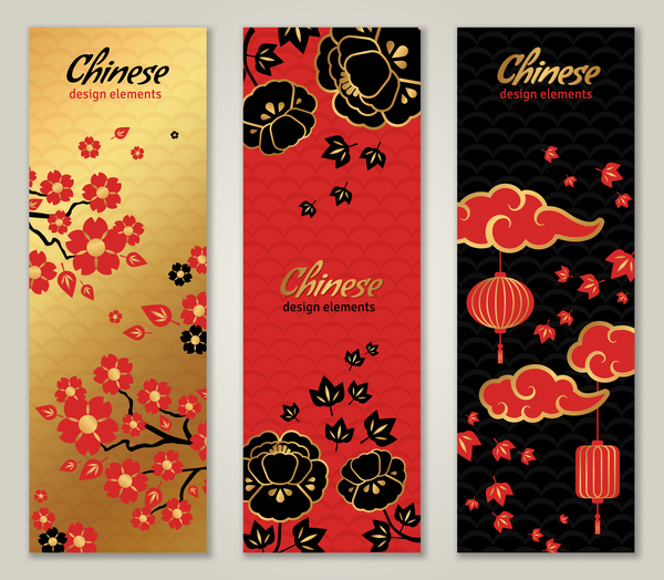 3 chinese styles vertical banner vector
