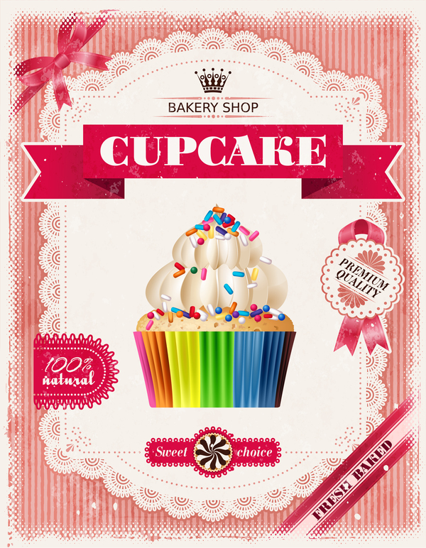 Bakery shop with cupcakes poster vintage vector 01