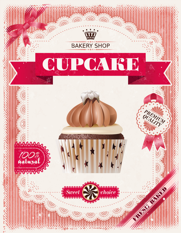 Bakery shop with cupcakes poster vintage vector 02