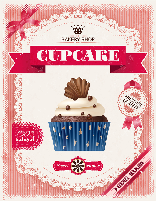 Bakery shop with cupcakes poster vintage vector 03