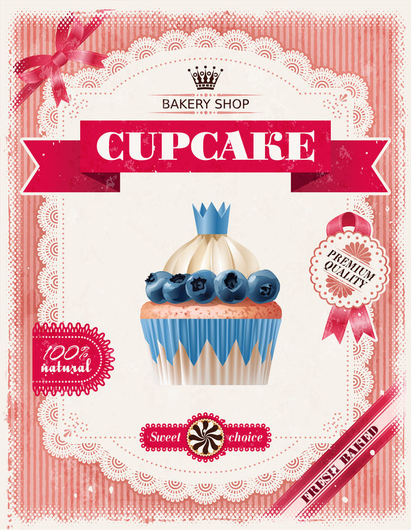 Bakery shop with cupcakes poster vintage vector 04