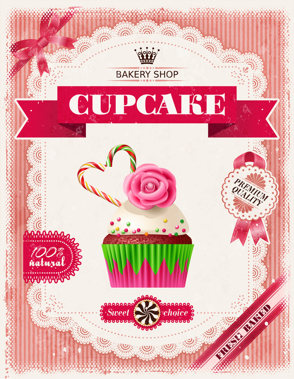 Bakery shop with cupcakes poster vintage vector 06