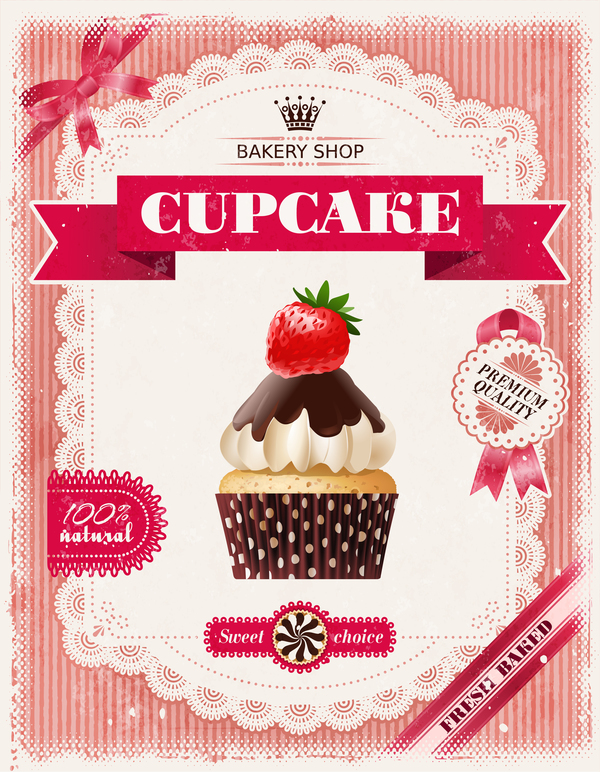 Bakery shop with cupcakes poster vintage vector 07