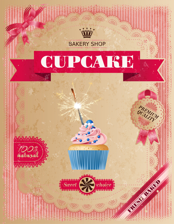 Bakery shop with cupcakes poster vintage vector 09