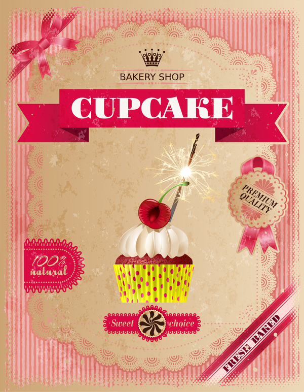 Bakery shop with cupcakes poster vintage vector 10