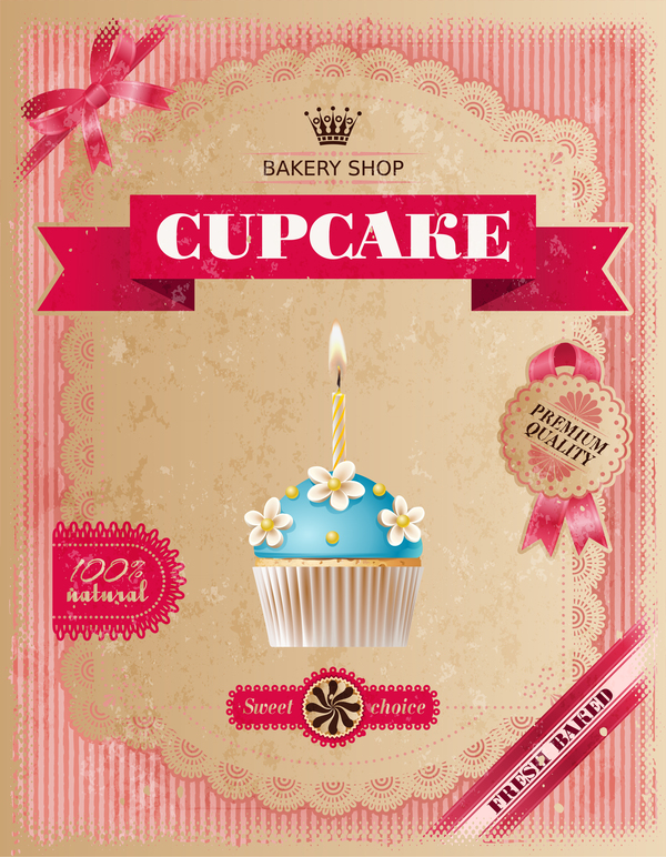 Bakery shop with cupcakes poster vintage vector 11