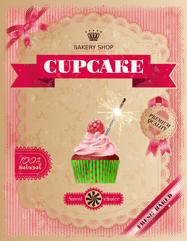 Bakery shop with cupcakes poster vintage vector 12
