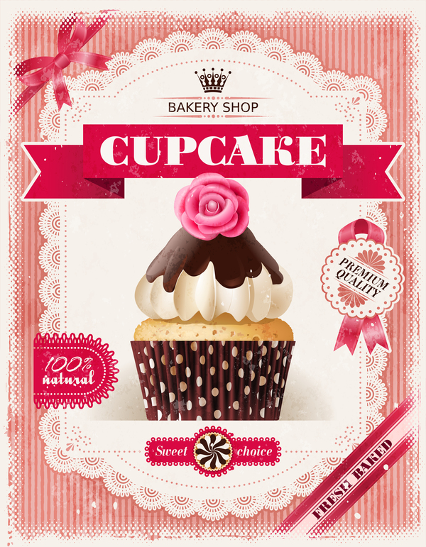 Bakery shop with cupcakes poster vintage vector 15
