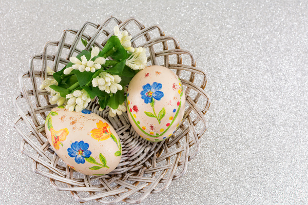 Baskets decorated egg blue flowers Stock Photo