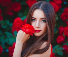 Beautiful girl hand holding red flowers Stock Photo