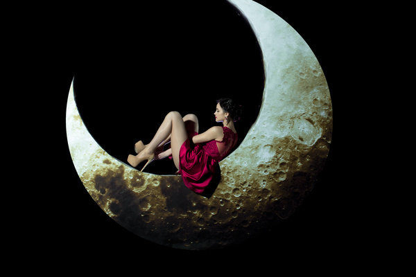 Beauty women lying on the crescent moon Stock Photo 04