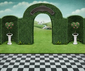 Black and white lattice with landscape arched door Stock Photo